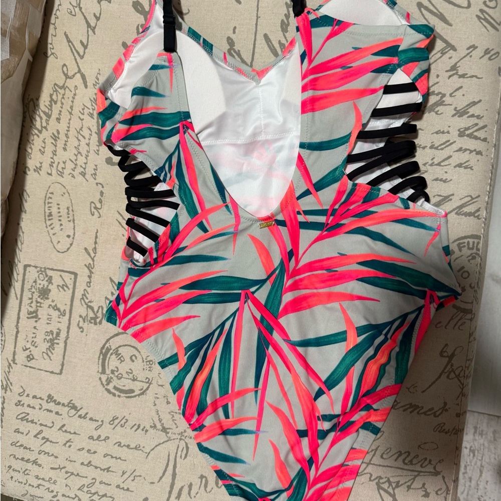 Tropical Women Swimwear with Pink and Green Leaf Design. Brand new, never used.